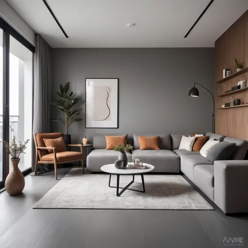 Prompt: An apartment styled in warm, inviting tones, accentuated by modern decor and minimalist furnishings, complemented by a sleek grey flooring that beautifully harmonizes with the walls.