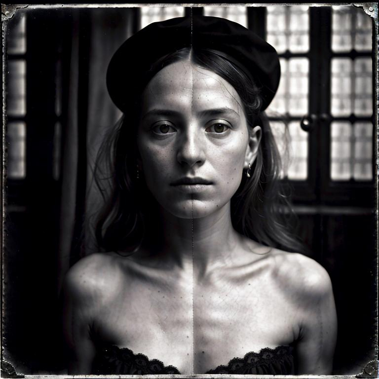 Prompt: Joel-Peter Witkin stylehyperrealism silverpoint jan van eyck style, a black and white photo of a woman by Anna Füssli, archival pigment print, by Katia Chausheva, inspired by Anna Füssli, inspired by Katia Chausheva, right side composition, inspired by Carlo Mense, digital collage, like a catalog photograph, ( collage ), alexandra fomina