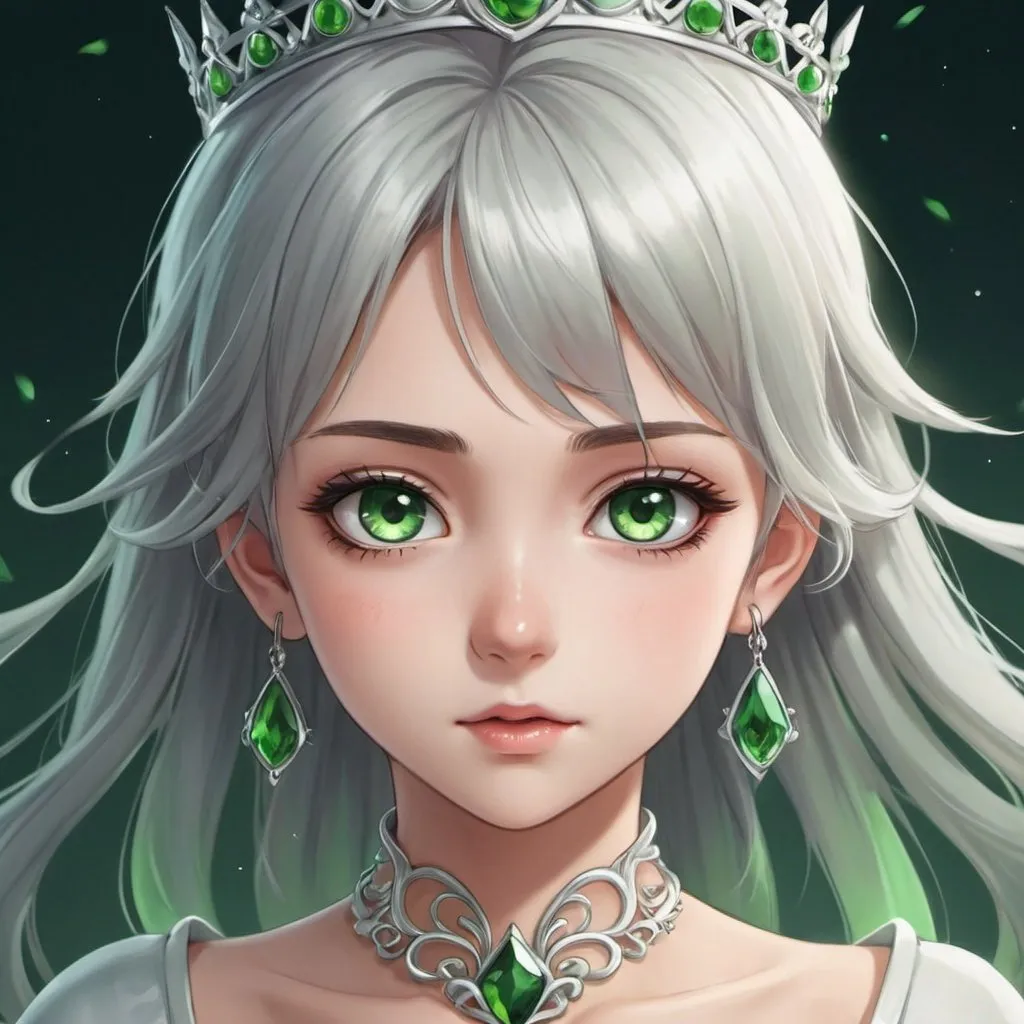 Prompt: mädchen mit silber haar und grünen augen prinzessin ai anime