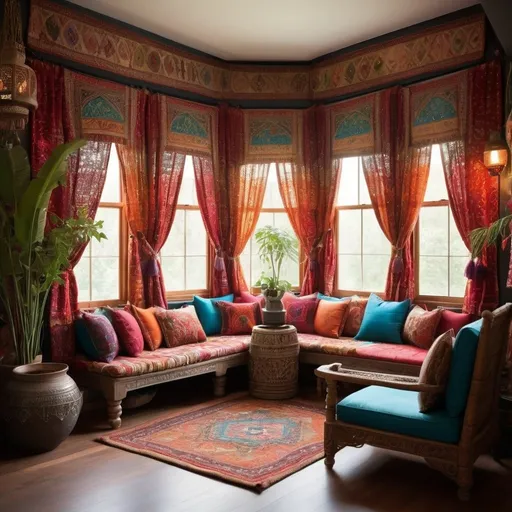 Prompt: Nestled in a corner of the room, a large bay window showcases the natural beauty outside, framed by billowing sari-style curtains reminiscent of the tribal dance outfits of gypsy communities. These curtains feature intricate patterns and are adorned with vibrant hues of crimson, saffron, and turquoise, evoking the rich colors of traditional Indian textiles.

The curtains sway gently in the breeze, allowing glimpses of lush greenery and sunlight to filter through, creating a mesmerizing play of light and shadow in the room.

The seating area is a vibrant tapestry of colors and textures, with floor cushions upholstered in bold patterns and jewel-toned hues inspired by Indian saris. A low, intricately carved coffee table takes center stage, surrounded by an eclectic mix of vintage trinkets, embroidered textiles, and hand-painted ceramics from around the world.

Tapestries depicting scenes of folklore and mythology adorn the walls, their intricate designs adding depth and storytelling to the space. Hanging lanterns and beaded curtains create a sense of intimacy and mystery, while fragrant incense fills the air with exotic scents.

A plush Persian rug, woven with intricate geometric patterns, grounds the room and provides a soft landing for bare feet. In one corner, a rattan peacock chair stands tall, its ornate silhouette a nod to the opulence of bygone eras.

