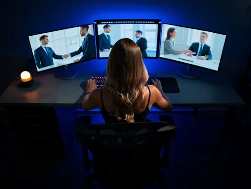 Prompt: young woman, long wavy brown hair, sitting on a gaming chair, we see her back, and she sits in front of 3-4 big screens, managing every thing behind the scenes. on the screens we see bankers and clients in bank branches