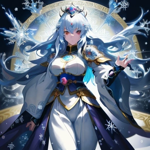 Prompt: A Japanese anime-style illustration of a long hair female knight
. The character is wearing a form-fitting outfit with a cape, detailed in an ornate, magical design typical of a high-ranking sorceress. The setting is mystical, with icy motifs and swirling snowflakes around her, enhancing the theme of her powers. The image should be vivid and colorful, capturing the dynamic essence of anime art. GIve the whole bdy.The resolution is requested as 4K to ensure high detail and quality.