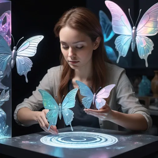 Prompt: A female sculptor is Inside a digital world. She is sculpting holographic  butterfly.
