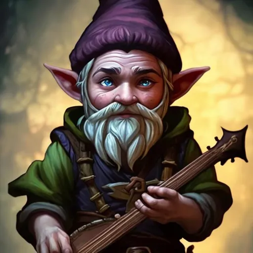 Prompt: Realistic DnD young 19 year old gnome tinker bard, dark colored clothes, lute on back, high quality, realistic, fantasy, detailed facial features, intricate designs, moody lighting, detailed clothing, fantasy art, dramatic shadows, small stature, professional, atmospheric lighting