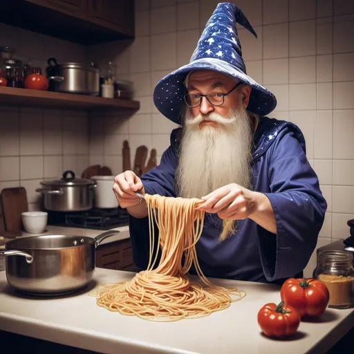 Prompt: Wizard cooking spaghetti 
The photo should be pixel art style