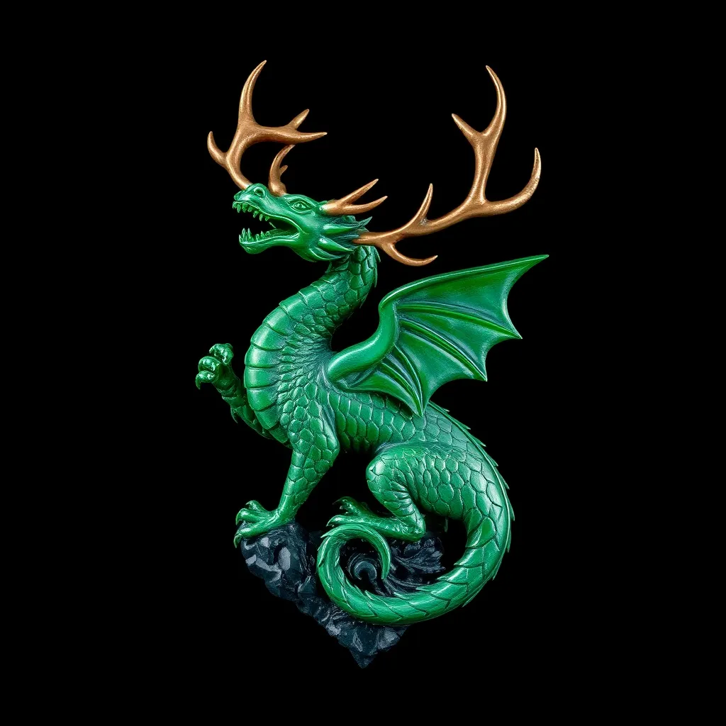 Prompt: A family crest of a carved emerald dragon upon a field of onyx, bronze antlers affixed upon the dragon's reared head.