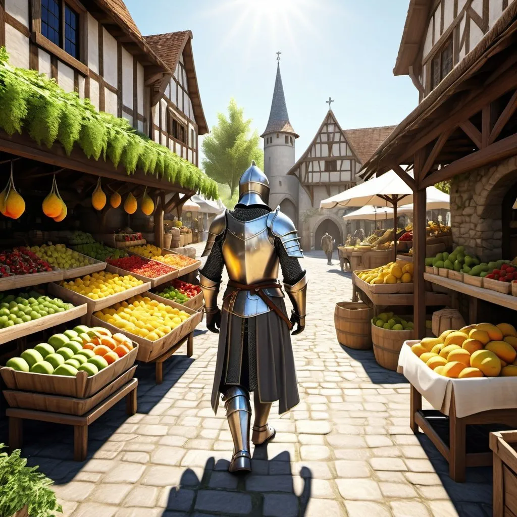 Prompt: Knight strolling through a sunny village market, fruit baskets, warm realistic , detailed armor , lush greenery, high quality, medieval, peaceful atmosphere, detailed medieval attire, sunny day, village stroll, realistic
(camera angle from behind)