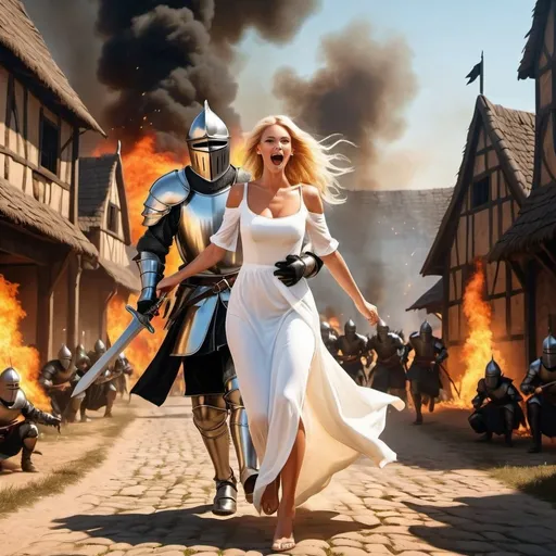 Prompt: knight running with his scared wife on his shoulder from black knights (blonde wife simple white dress)
village on fire, crowd of all black knights chasing to attack them , high quality, detailed, vibrant