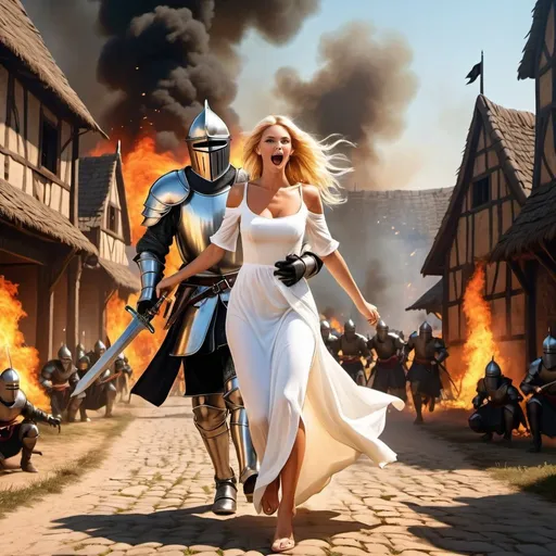 Prompt: knight running with his scared wife from black knights (blonde wife scared, crying wearing simple white dress)
village on fire, crowd of all black knights coming to attack them  from all angles, woman cowering behind knight, high quality, detailed, vibrant