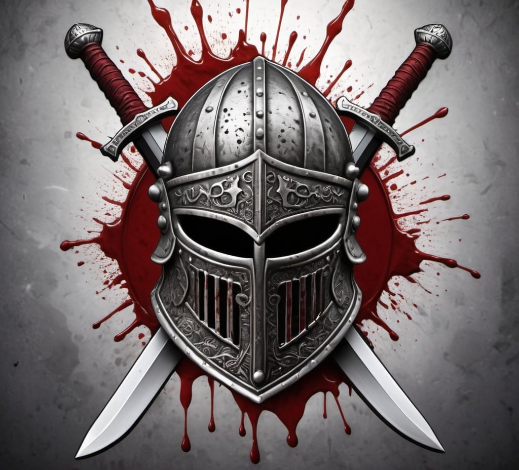 Prompt: 2D silver coin with engraved knight helmet and swords, blood splash background, detailed engravings, highres,silver coin  metallic, coin medieval, blood, dramatic lighting