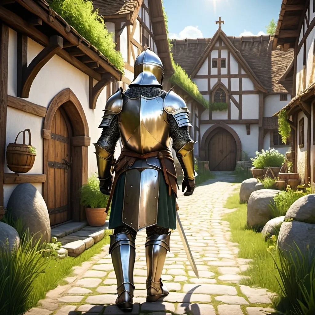 Prompt: Knight strolling through a sunny village, warm realistic , detailed armor , lush greenery, high quality, medieval, peaceful atmosphere, detailed medieval attire, sunny day, village stroll, realistic
(camera angle from behind)