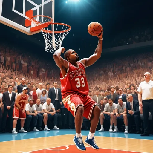 Prompt: (Kanye West Dunking), dynamic action, thrilling atmosphere, (intense moment) of basketball, wheelchair basketball players, vibrant court colors, exciting expressions, energetic crowd, (high-quality) illustration, bold contrasts, warm lighting, captured motion, inspiring scene of determination, impressive aerial perspective, dramatic, exhilarating sportsmanship.