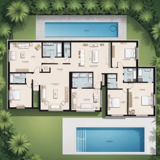 Prompt: luxury home floorplan, backyard, frontyard, pool, 2D vector illustrations, high quality, detailed layout, modern design, professional style, minimalistic, precise lines, clean and crisp, luxurious space, top-notch, well-crafted, artistic floorplan, spacious layout, accurate representation, high-res, polished, architectural, detailed home, clear and precise, professional vector illustration, organized and efficient, minimalistic design