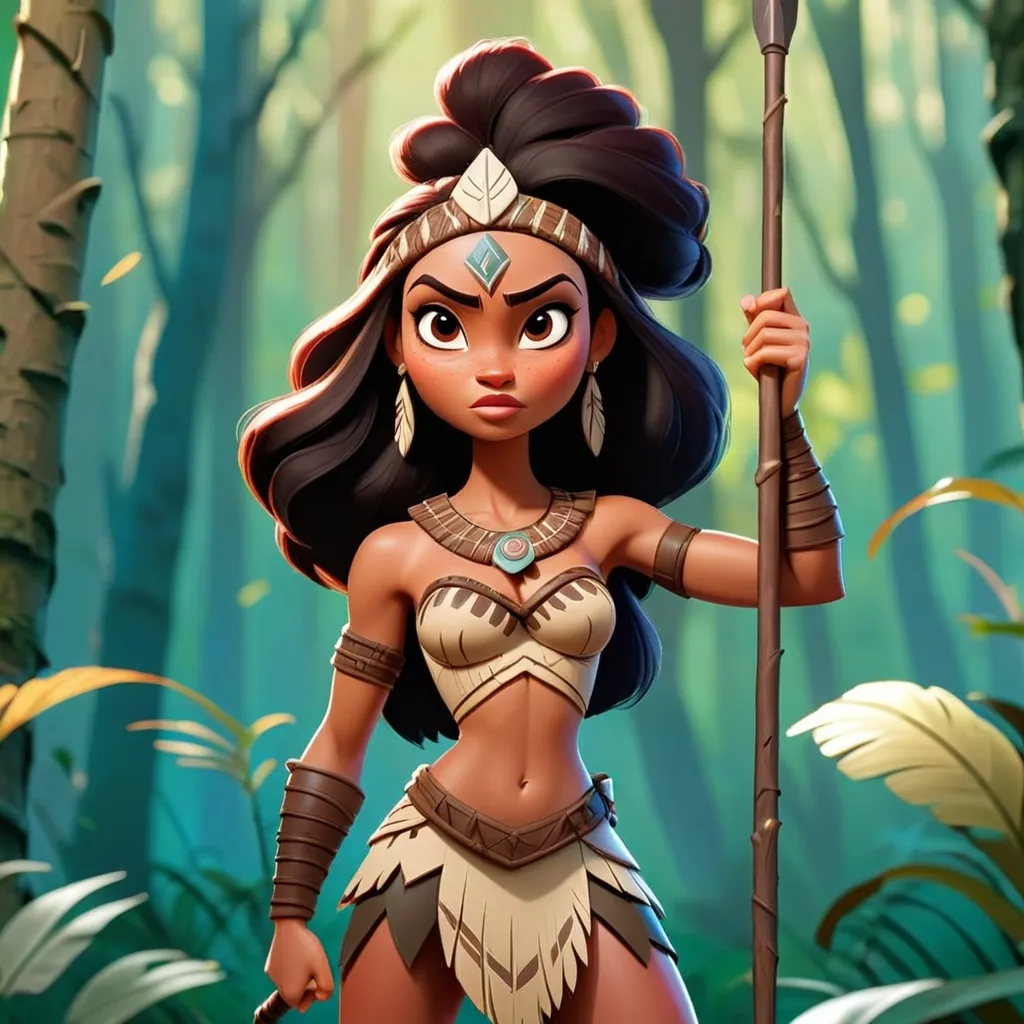 Prompt: animated woman warrior standing in a forest full body. The woman is wearing an african warrior costume holding a spear. Disney pixar style