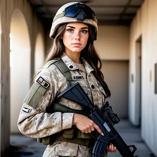 Prompt: Create a a female US.ARMY soldier with very long waist length brown hair light freckles on her face and brown eyes make it a full body picture and make her uniform tight and her body curvy make her have the camo ACU combat uniform on and a helmet with her hair falling out