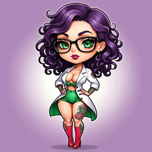 Prompt: Chibi kawaii cute cartoon illustration, purple outlines, full profile of a tall curvy lady with black curly hair and glasses, green eyes, tattoos, chest tattoos, tattoo chest, leg tattoos, arm tattoos, high heels, no pants, unbuttoned, open chef jacket, unzipped, short sleeves, saturated colors