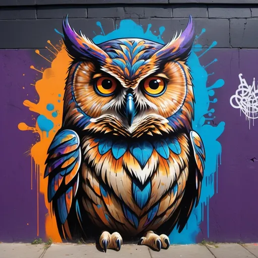 Prompt: A vibrant, high-quality graffiti artwork of a majestic owl on a large urban wall. The owl is depicted with piercing, glowing eyes, and intricately detailed feathers that blend into abstract, swirling patterns of neon colors like electric blue, vivid purple, and bright orange. The background features a grungy, textured wall with cracks and peeling paint, adding to the urban feel. Surrounding the owl, graffiti tags and street art elements are subtly integrated into the design, enhancing the urban atmosphere while keeping the owl as the central focus