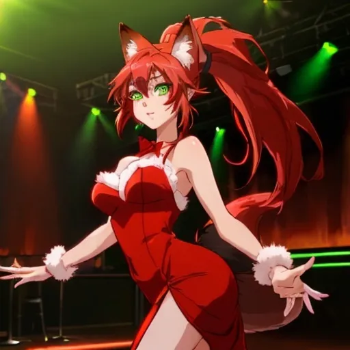 Prompt: Female Anthro Fox that has red fur and ponytail hair with green eyes at a dance club. Wearing a long red dress. CGI Anime style