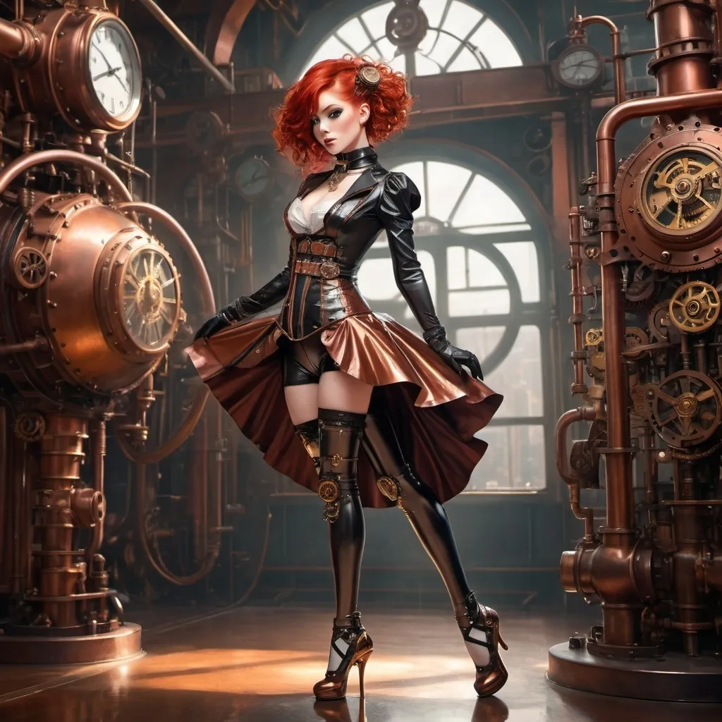 Prompt: Pixiv girl steampunk latex extreme ballet heels red hair