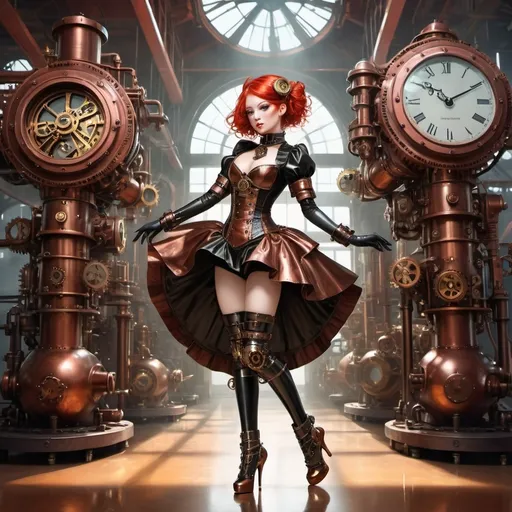 Prompt: (Pixiv girl in a steampunk environment), wearing (shiny latex) attire, dramatic (extreme ballet heels), vibrant (red hair) styled dramatically, lavish (gear and clockwork) accessories, engaging pose that showcases elegance, rich (copper and brass tones), intricate detailing, fantastical (industrial background), enticing and mysterious ambiance, ultra-detailed, high-quality image