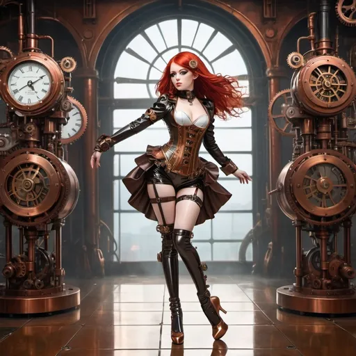 Prompt: (Pixiv girl in a steampunk environment), wearing (shiny latex) attire, dramatic (extreme ballet heels), vibrant (red hair) styled dramatically, lavish (gear and clockwork) accessories, engaging pose that showcases elegance, rich (copper and brass tones), intricate detailing, fantastical (industrial background), enticing and mysterious ambiance, ultra-detailed, high-quality image