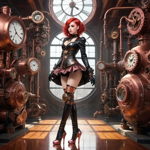 Prompt: (Pixiv girl in a steampunk environment), wearing (shiny latex) attire,extreme 18 inch  pink  ballet heels, vibrant (red hair) styled dramatically, lavish (gear and clockwork) accessories, engaging pose that showcases elegance, rich (copper and brass tones), intricate detailing, fantastical (industrial background), enticing and mysterious ambiance, ultra-detailed, high-quality image