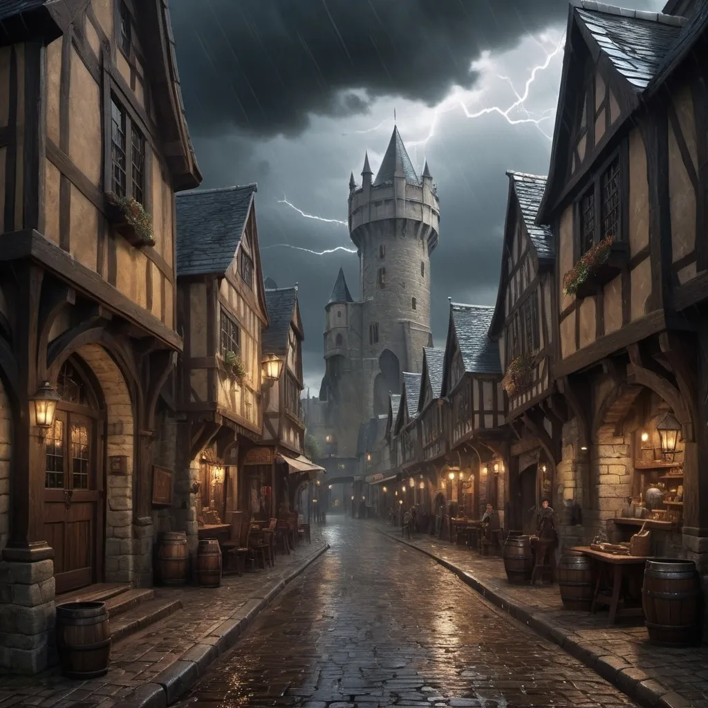 Prompt: Dark and Stormy weather, medieval Fantasy setting,  Looking down the street of a busy affluent city, with an armor shop, a tavern, a weapons shop, and a wizards tower in the background.