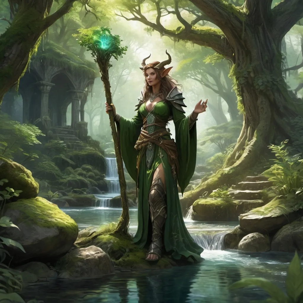 Prompt: Druidic Nature themed Clearing with a single Dragonborn Wizard female