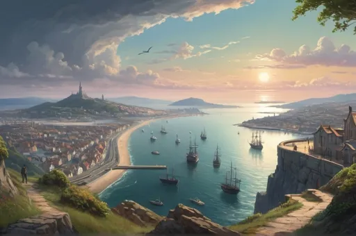 Prompt: Fantasy Landscape Overlooking a distant seaside Port City with ships in the harbor  looking from a distant hillside