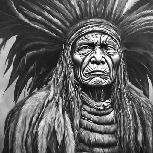 Prompt: detailed portrait of old America native man, he is shaman, undergoes mutation to the raven. The raven wings grows from shaman’s head, raven feathers grows from the skin.