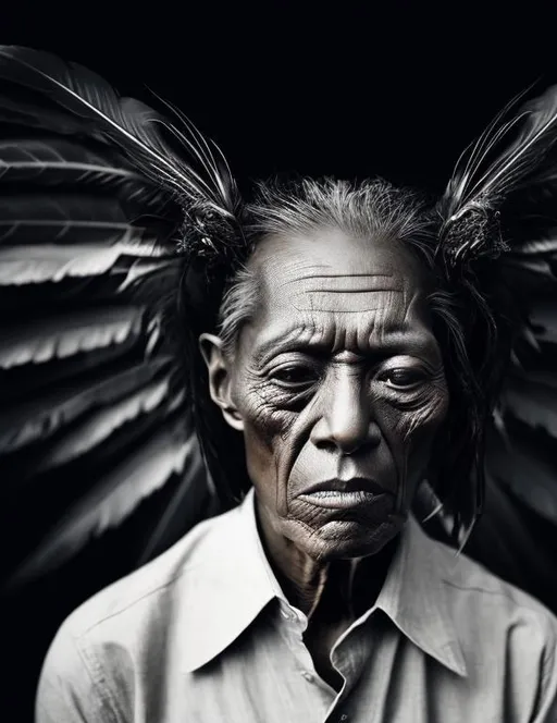 Prompt: portrait of American native man in middle age, undergoes a surreal transformation, with raven-like wings emerging from their cheekbones and raven feet growing from their chin, feathers growing throw the face skin,  portrayed in a grey-toned photo blending surrealism, abstraction, and realism. 