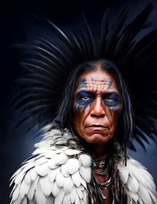 Prompt: portrait of American native man in a middle age, undergoes a surreal transformation to big raven, with a lot of raven’s feathers growing throw the face skin and instead of hair,  portrayed in a grey-toned photo, realism. 