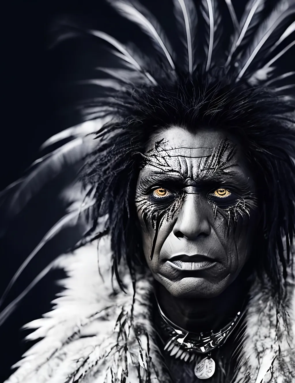 Prompt: portrait of American native man in a middle age, undergoes a surreal transformation to big raven, with a lot of raven’s feathers growing throw the face skin and instead of hair,  portrayed in a grey-toned photo, realism. 