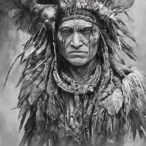 Prompt: grey colour detailed photorealistic portrait of America native man, he is shaman, undergoes transformation to the raven. The raven wings grows from shaman’s head, raven feathers grows from the skin.