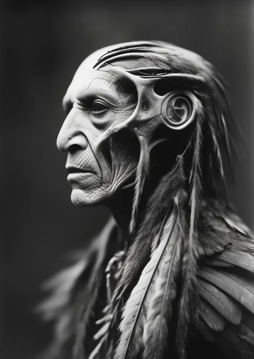 Prompt: human, head of old american indian transformation to the raven, the raven wings is growing from the cheekbones, raven legs is growing from the chin.
human head is experiencing mutation to the big black raven, human body desapeared.
white smoke around, surrealism, abstraction, realism, grey coloured photo