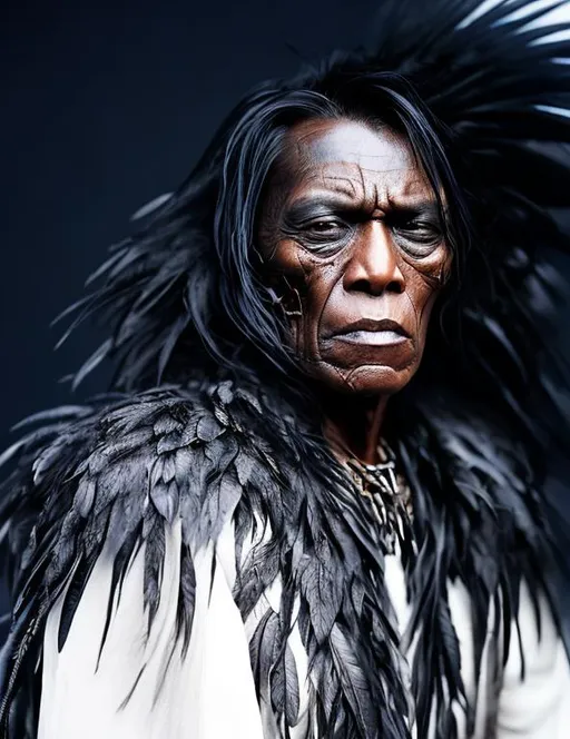 Prompt: portrait of American native man in a middle age, undergoes a surreal transformation to big black raven, with a lot of raven’s feathers growing throw the face skin and instead of hair,  portrayed in a grey-toned photo, realism. 