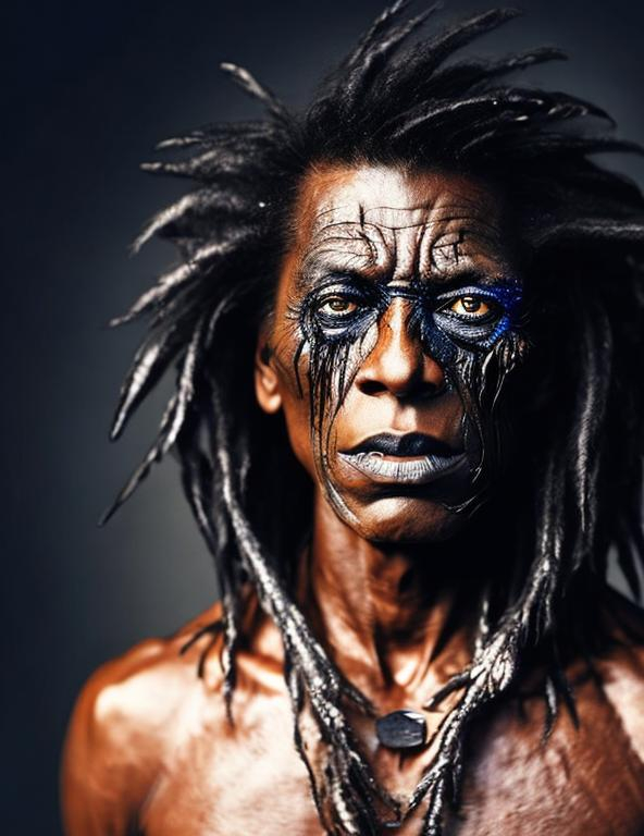 Prompt: portrait of American native man in middle age, undergoes a surreal transformation to big black raven, with a lot of raven’s feathers growing throw the face skin and instead of hair,  portrayed in a grey-toned photo, realism. 