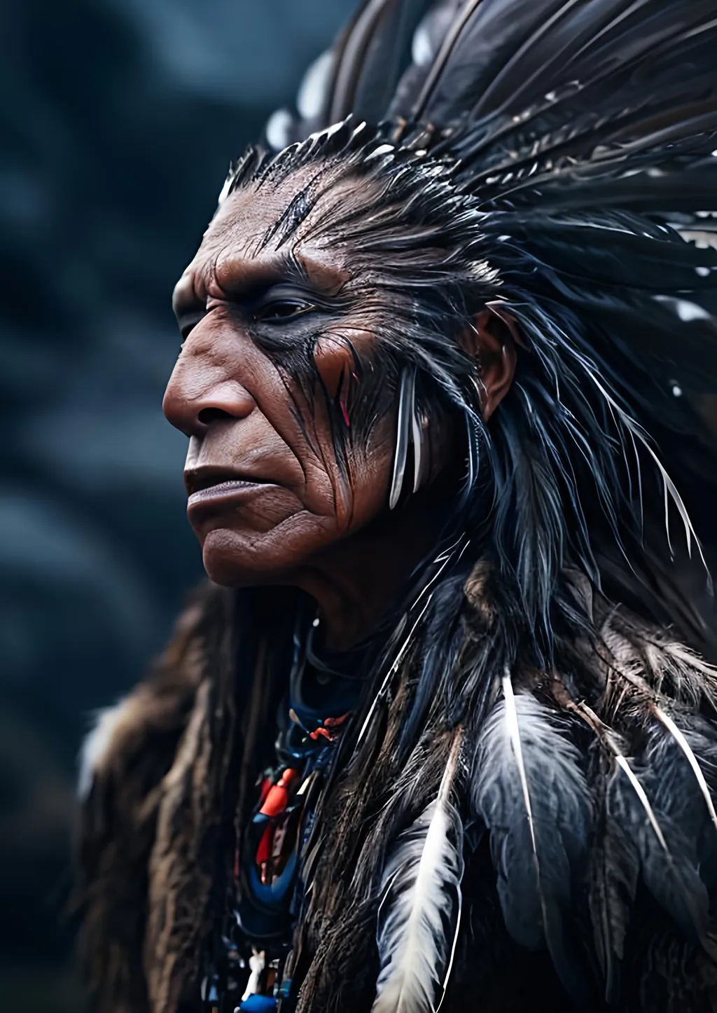 Prompt: front portrait of American native man in a middle age, undergoes a surreal transformation to big raven, with a lot of raven’s feathers growing throw the face skin and instead of hair,  portrayed in a grey-toned photo, realism. 
