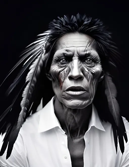 Prompt: portrait of American native man undergoes a surreal transformation, with raven-like wings emerging from their cheekbones and raven feet growing from their chin, feathers growing throw the face skin,  portrayed in a grey-toned photo blending surrealism, abstraction, and realism. 