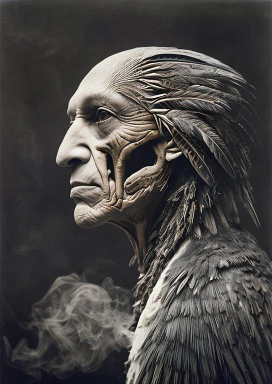 Prompt: human, head of old american indian transformation to the raven, the raven wings is growing from the cheekbones, raven legs is growing from the chin.
human head is experiencing mutation to the big black raven, human body desapeared.
white smoke around, surrealism, abstraction, realism, grey coloured photo