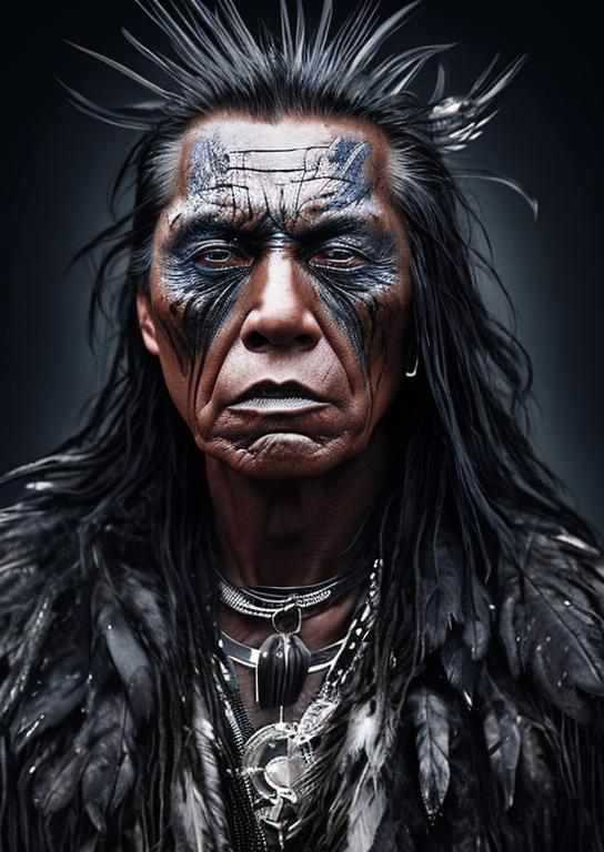 Prompt: front portrait of American native man in a middle age, undergoes a surreal transformation to big raven, with a lot of raven’s feathers growing throw the face skin and instead of hair,  portrayed in a grey-toned photo, realism. 