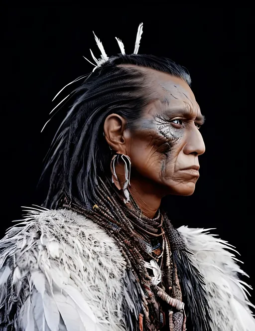 Prompt: portrait of American native man in a middle age, undergoes a surreal transformation to big raven, with a lot of raven’s feathers growing throw the face skin and instead of hair,  portrayed in a grey-toned photo, realism. 