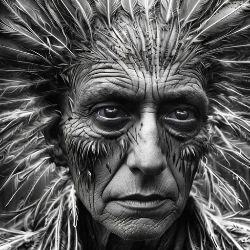Prompt:  portrait of American native middle age man, looks from under one's brows, undergoes a surreal transformation into the raven, detailed feathers grows from the skin instead of hair, portrayed in a grey-toned photo blending, surrealism, abstraction, and realism. 