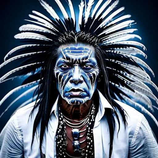Prompt: 3/4 portrait of American native man in a middle age, wearing a white shirt, undergoes a surreal transformation to big raven, with a lot of raven’s feathers growing throw the face skin and instead of hair,  portrayed in a grey-toned photo, realism. 