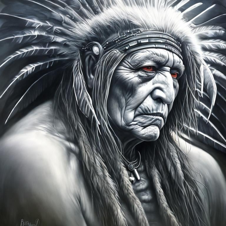 Prompt: grey colour detailed photorealistic portrait of old America native man, he is shaman, undergoes transformation to the raven. The raven wings grows from shaman’s head, raven feathers grows from the skin.