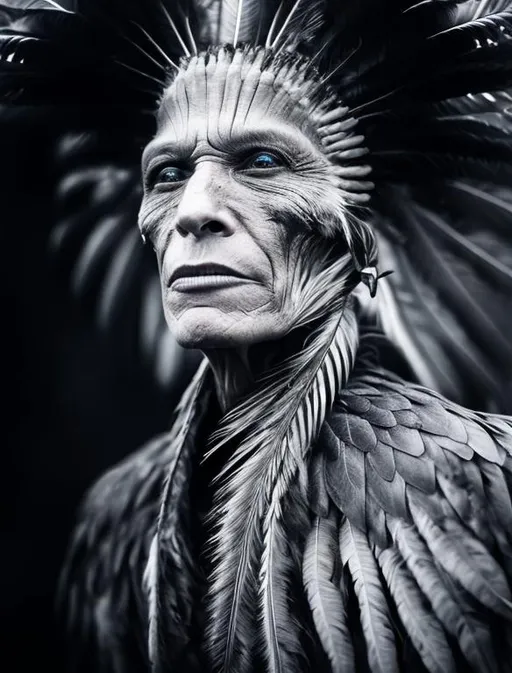 Prompt: Closeup portrait of American native man undergoes a surreal transformation, with raven-like wings emerging from their cheekbones and raven feet growing from their chin, portrayed in a grey-toned photo blending surrealism, abstraction, and realism. 
