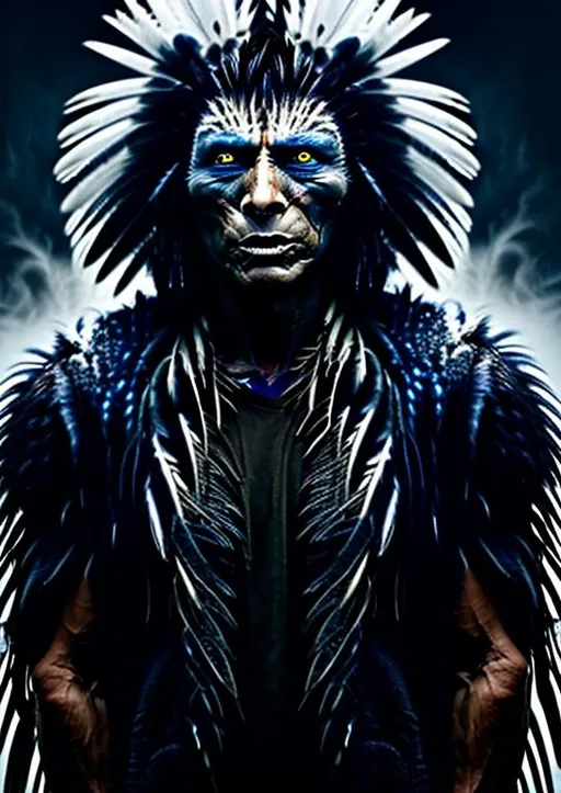 Prompt: 3/4 or profile portrait of American native man in a middle age, wearing a white shirt, undergoes a surreal transformation to a big raven, with a lot of raven’s feathers growing throw the face skin and instead of hair,  portrayed in a grey-toned photo, realism. 
