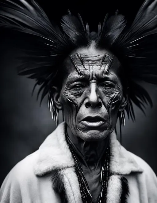 Prompt: portrait of American native man in middle age, undergoes a surreal transformation, with raven-like wings emerging from their cheekbones and raven feet growing from their chin, feathers growing throw the face skin,  portrayed in a grey-toned photo blending surrealism, abstraction, and realism. 