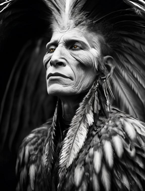 Prompt: Closeup portrait of American native man undergoes a surreal transformation, with raven-like wings emerging from their cheekbones and raven feet growing from their chin, portrayed in a grey-toned photo blending surrealism, abstraction, and realism. 