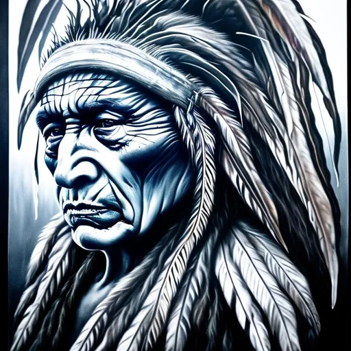 Prompt: detailed photorealistic portrait of old America native man, he is shaman, undergoes mutation to the raven. The raven wings grows from shaman’s head, raven feathers grows from the skin.